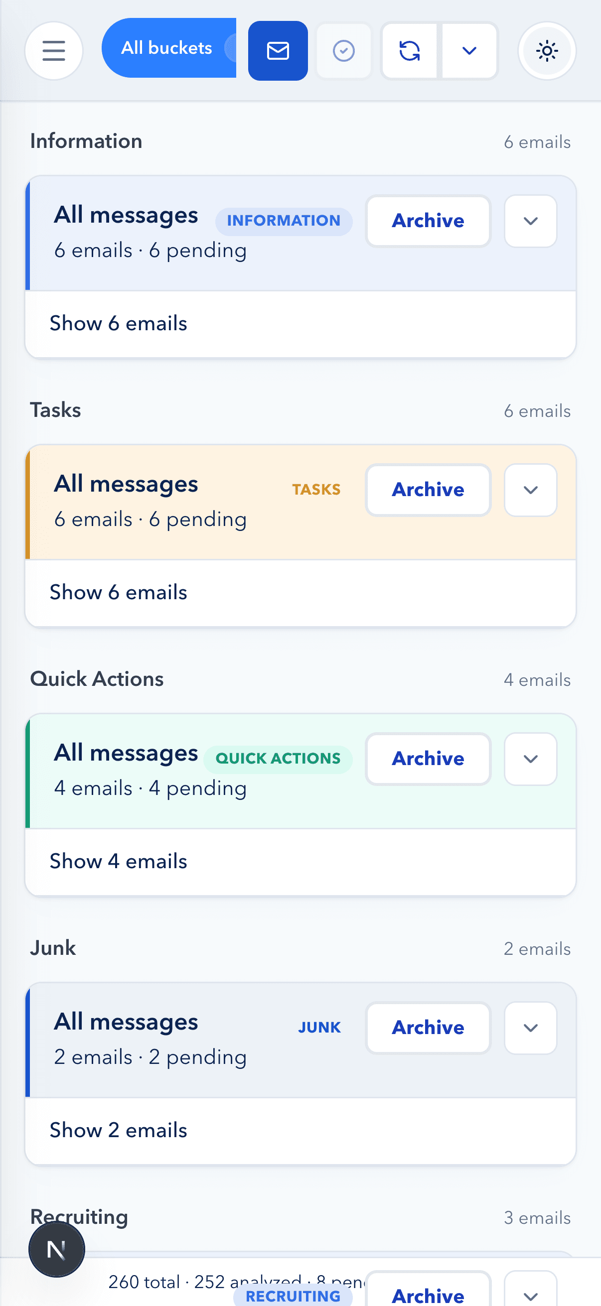 Simple Email on mobile, with color-coded buckets stacked in a single feed.