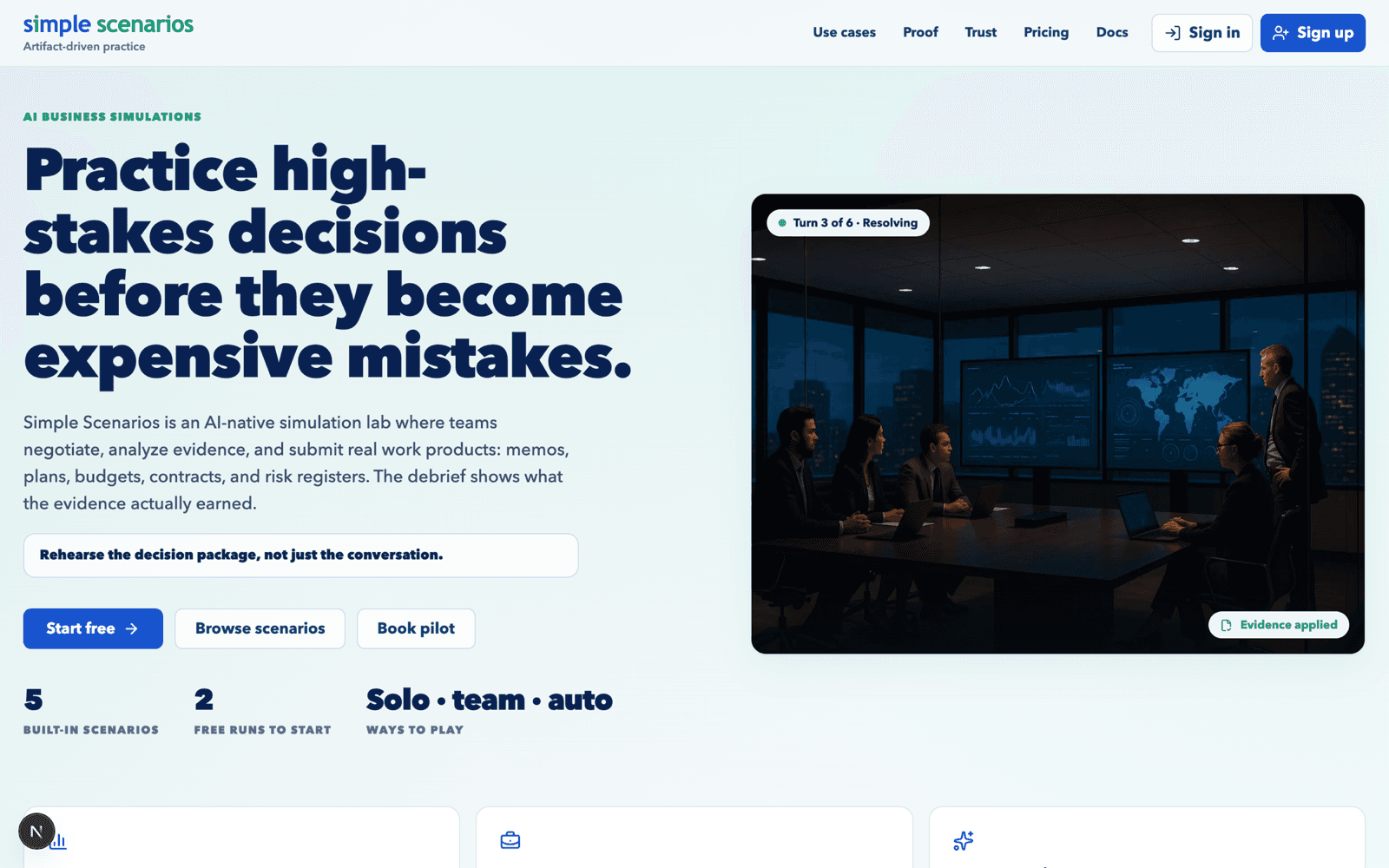 Simple Scenarios landing — practice high-stakes decisions, with a boardroom negotiation in progress.